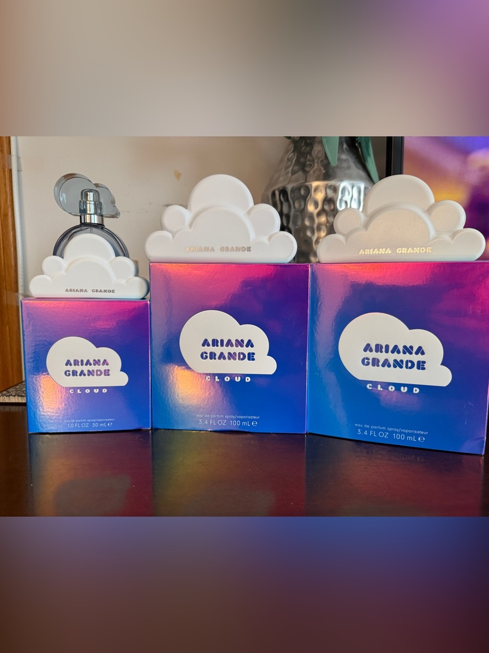 3 EMPTY Ariana Grande Cloud Perfume BOXES & BOTTLE & PERUME CLOUD HOLDER